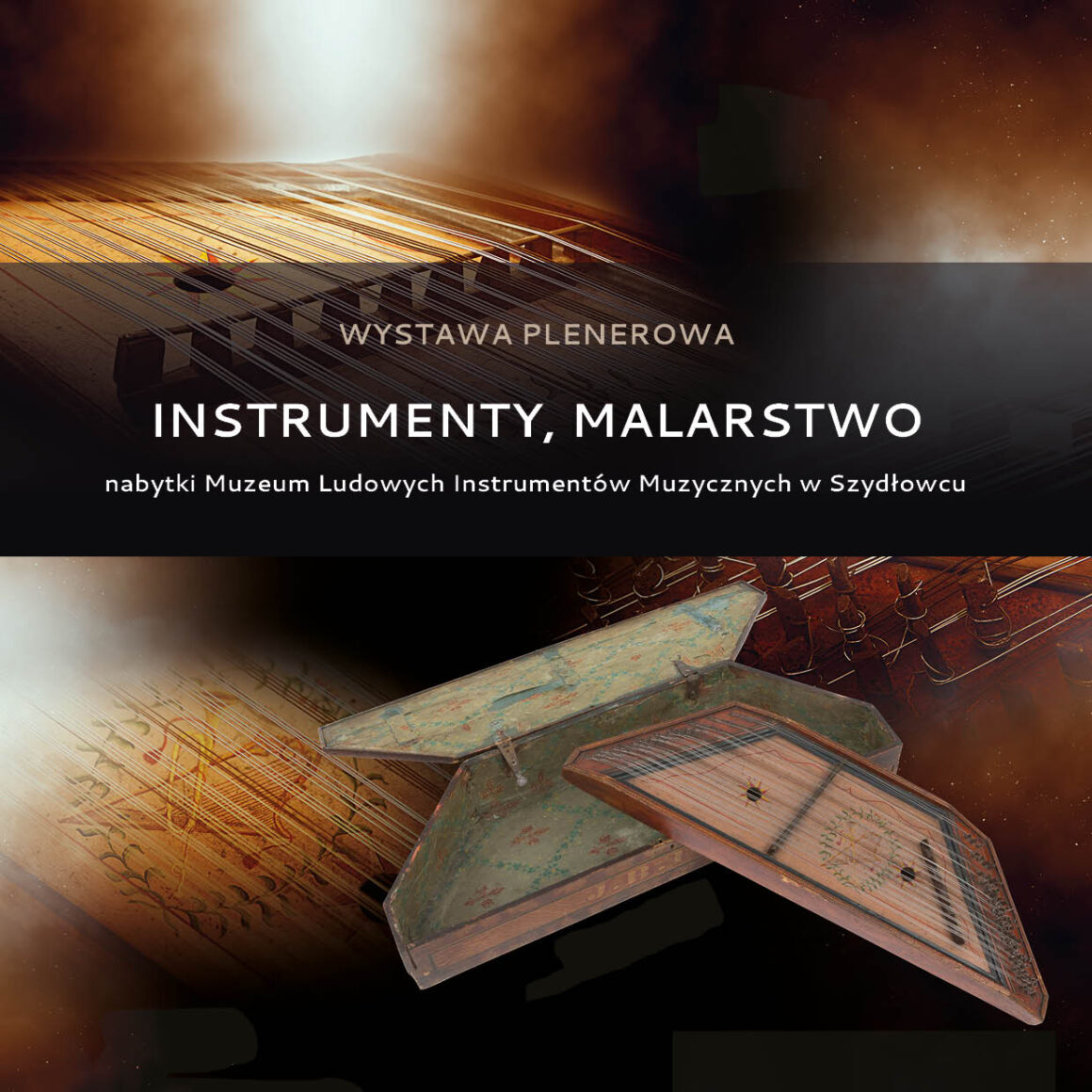 Instrument muzyczny i jego fragmenty na brązowym przydymionym tle z napisami po środku