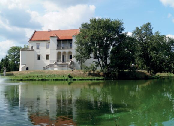 Biały zamek za fosą na której tryska fontanna. Zamek w otoczeniu wysokich drzew z czerwonym dachem.