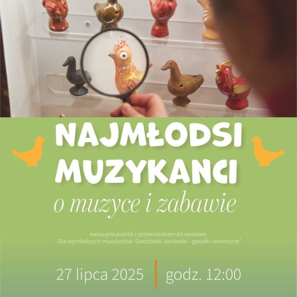 Plakat. W dolnej części zielone tło i białe napisy. U góry zdjęcie gwizdków-ptaków, na które ktoś patrzy przez lupę.