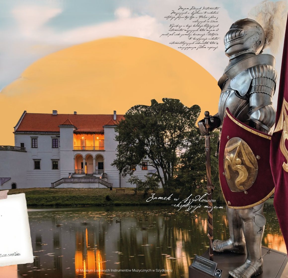2-plansza-Muzeum - wystawa dokumentacja Grafika. Składa się ze zdjęcia Zamku w Szydłowcu w centralnej części i zdjęcia zbroi z tarczą po prawej stronie. W tle pomarańczowe półkole - słońce.