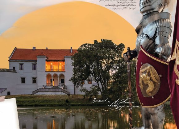 Grafika. Składa się ze zdjęcia Zamku w Szydłowcu w centralnej części i zdjęcia zbroi z tarczą po prawej stronie. W tle pomarańczowe półkole - słońce.