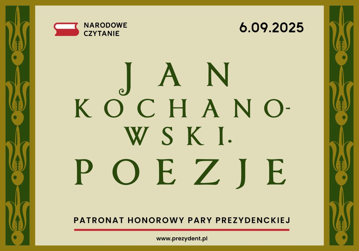Narodowe Czytanie 2025. Baner Grafika. Jasnym tle zielony napis Jan Kochanowski. Poezje.