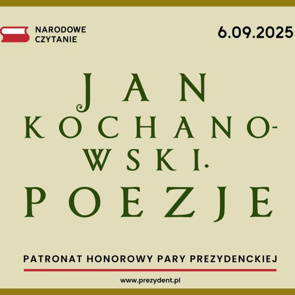 Narodowe Czytanie 2025. Baner Grafika. Jasnym tle zielony napis Jan Kochanowski. Poezje.