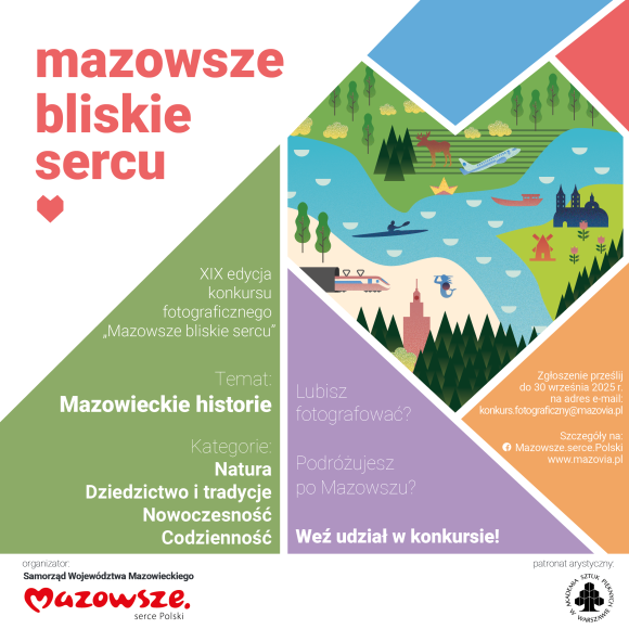 MBS 3 Grafika. Plakat konkursu fotograficznego. U góry po lewo czerwony napis na białym tle. Poniżej duże, geometryczne kształty w różnych kolorach, na nich białe napisy. W środkowej części zgeometryzowany kształt serca z narysowanymi symbolicznie rzeką, plażą, lasem.