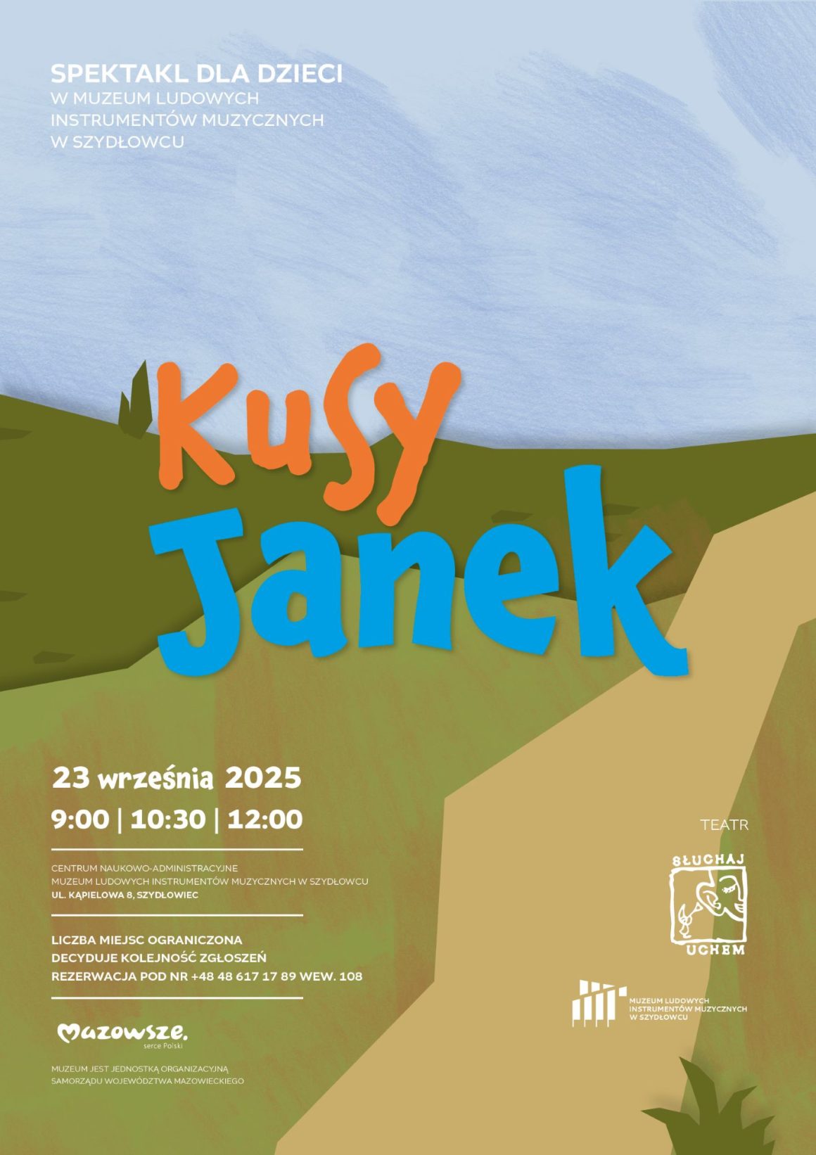 do_akceptacji_plakat_teatrzyk_2309 Grafika informująca o spektaklu dla dzieci "Kusy Janek", 23 września 2025 o 9:00, 10:30; 12:00.