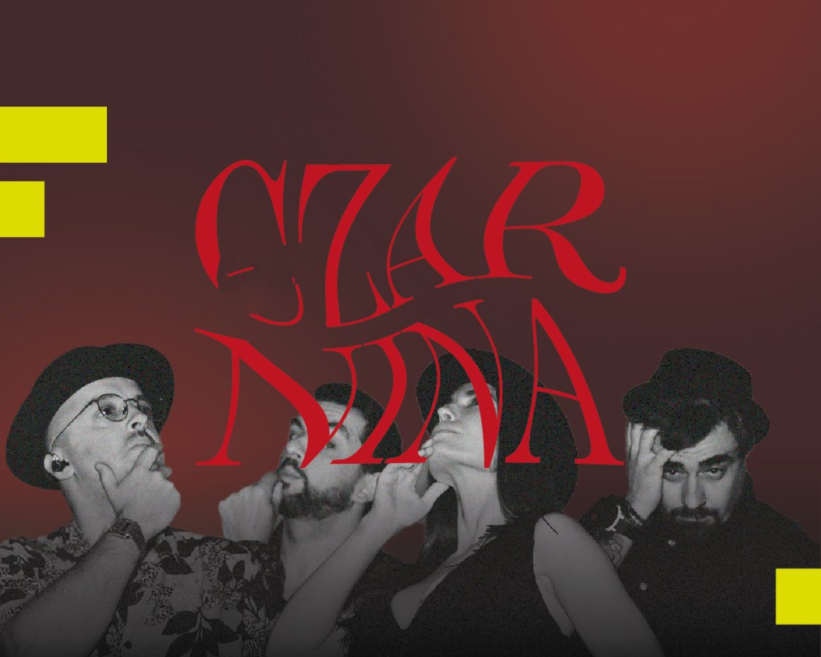 Grafika. W dolnej części czarno-białe twarze ludzie patrzących do góry. To członkowie zespołu. Na środku czerwony napis Czarnina.