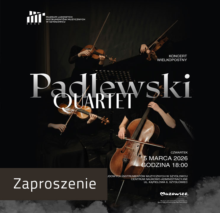 koncert_wielkopostny_padlewski Plakat Koncert Wielkopostny Padlewski Quartet: Kolorystyka czarna, a dole szara mgiełka. Białe litery tekstu. Czterech muzyków grających na instrumentach smyczkowych w ułożonych kompozycję.