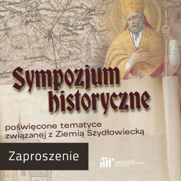 Grafika na Sympozjum Historyczne. W górnej części mapa oraz wizerunek św. Mikołaja. W dolnej części szkic kościoła w Wysokiej na beżowy tle i brązowym napisem z podcieniami.