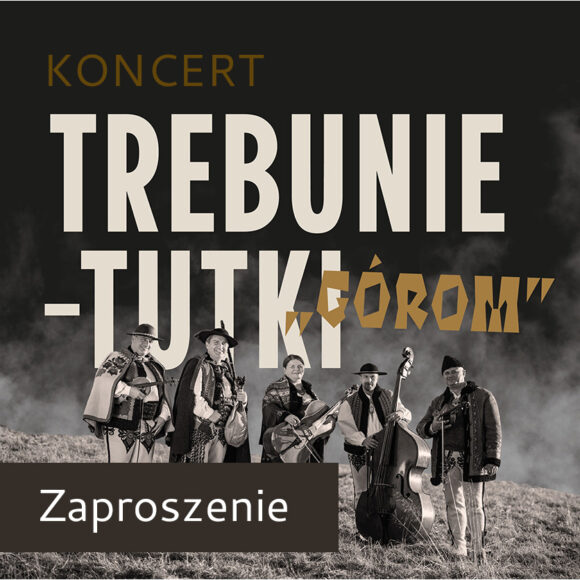 Grafika. Na czarnym tle duże napisy w jasnym kolorze. Poniżej czarno-białe postacie góralskich muzyków.