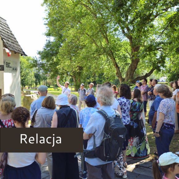 Na pierwszym planie widać tłum ludzi stojących tyłem. W tle widać zielone drzewa i mury zamku.
