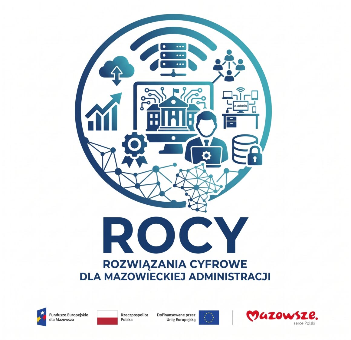 Logo ROCY Fotografia przedstawia logo wydarzenia. Koło w którym w środku jest budynek mieszkalny i człowiek. Przeważa kolor biały i niebieski